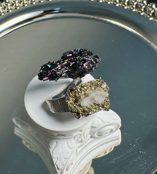 Raw Rainbow Hematite & Pyrite with Calcite One of a Kind Ring