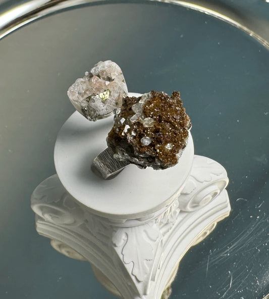 Red Quartz with Chalcopyrite & Limonite, Pyrite with Quartz One of a Kind Ring