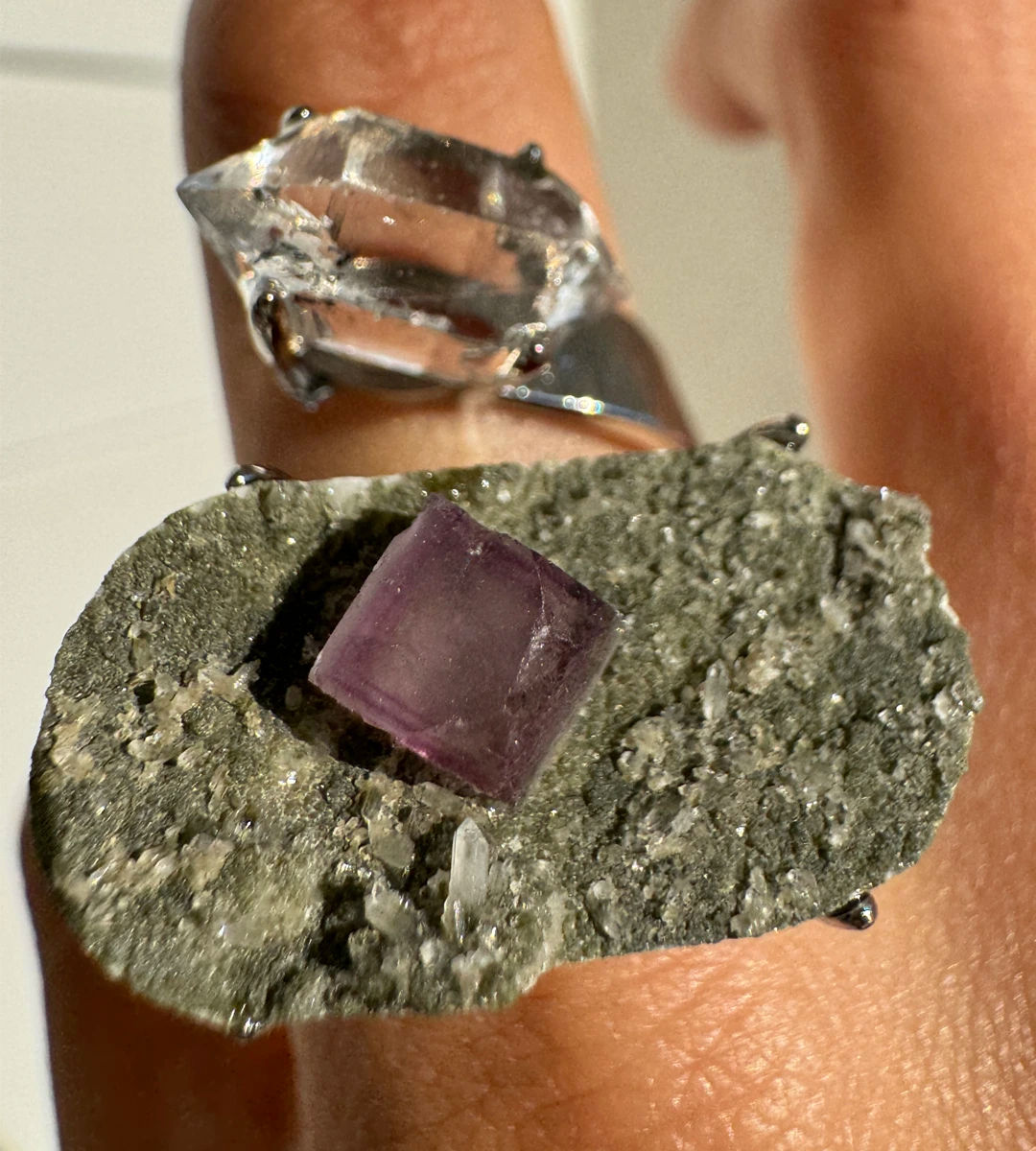 Herkimer Diamond & Fluorite with Chlorite One of a Kind Ring