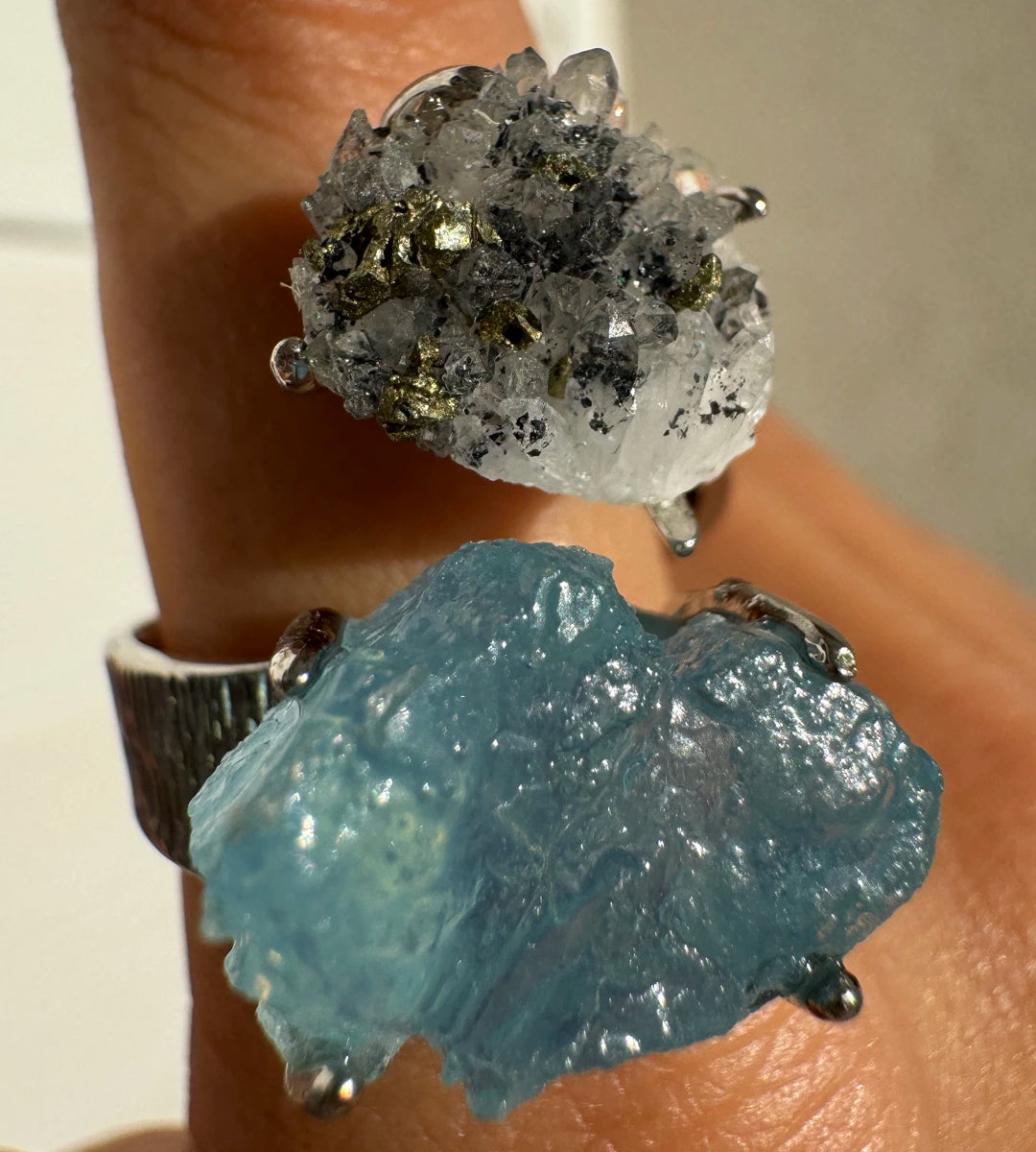 Aquamarine & Quartz with Chalcopyrite One of a Kind Ring