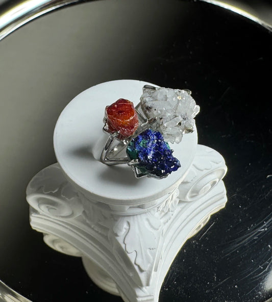 Azurite, Vanadinite & Quartz with Chalcopyrite One of a Kind Ring