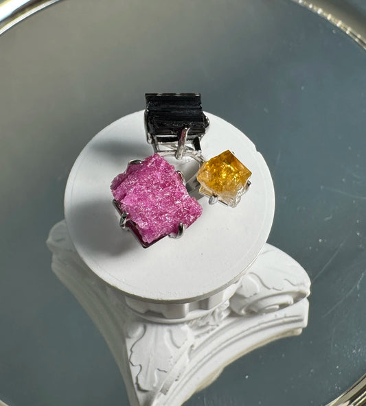 Raw Citrine, Black Tourmaline & Red Corundum One of a Kind Ring