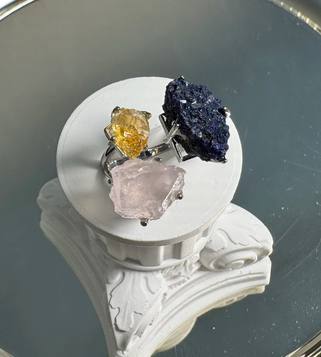 Azurite, Rose Quartz & Citrine One of a Kind Ring
