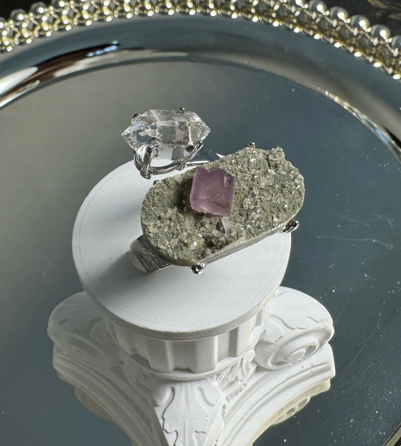 Herkimer Diamond & Fluorite with Chlorite One of a Kind Ring
