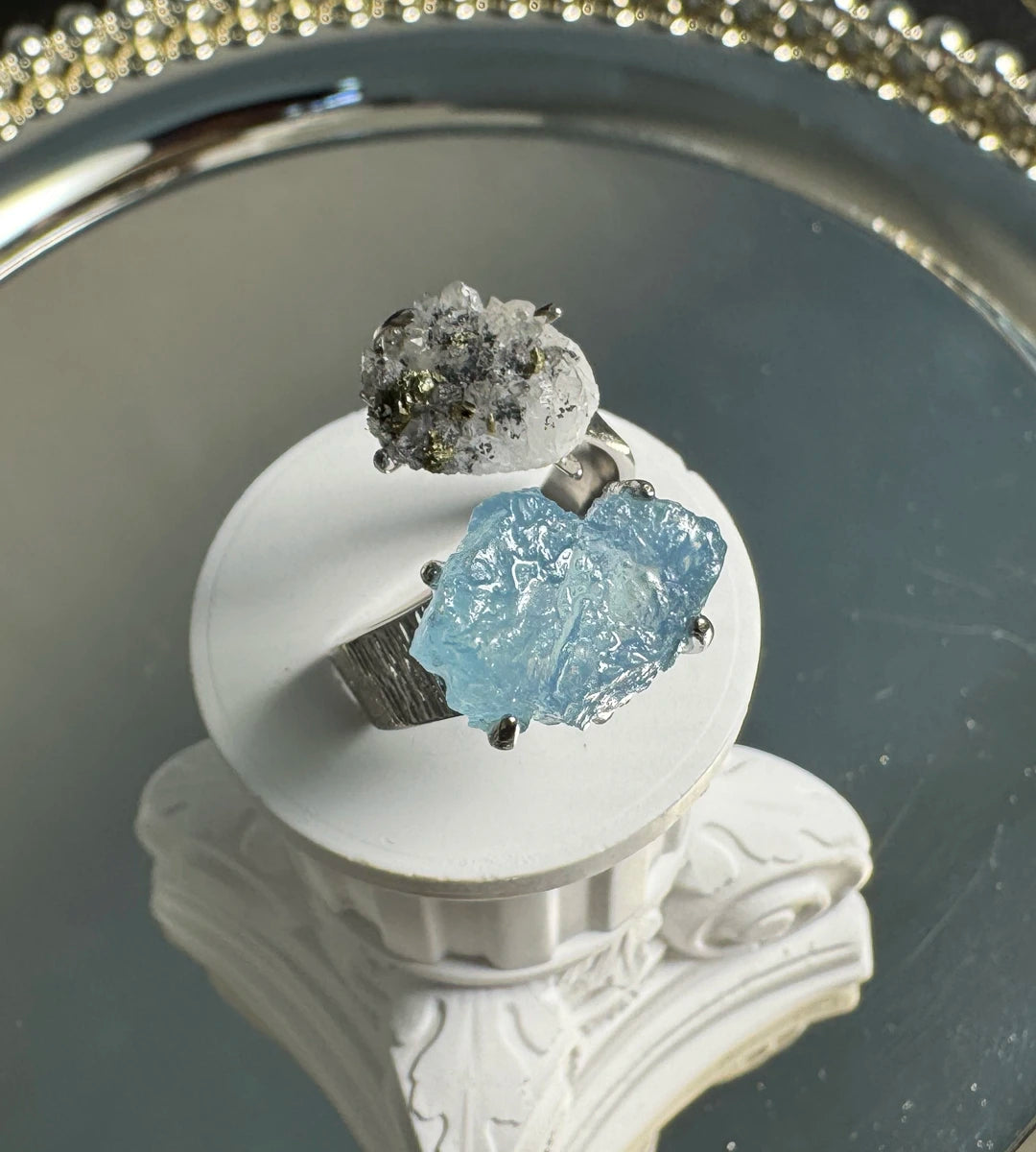 Aquamarine & Quartz with Chalcopyrite One of a Kind Ring