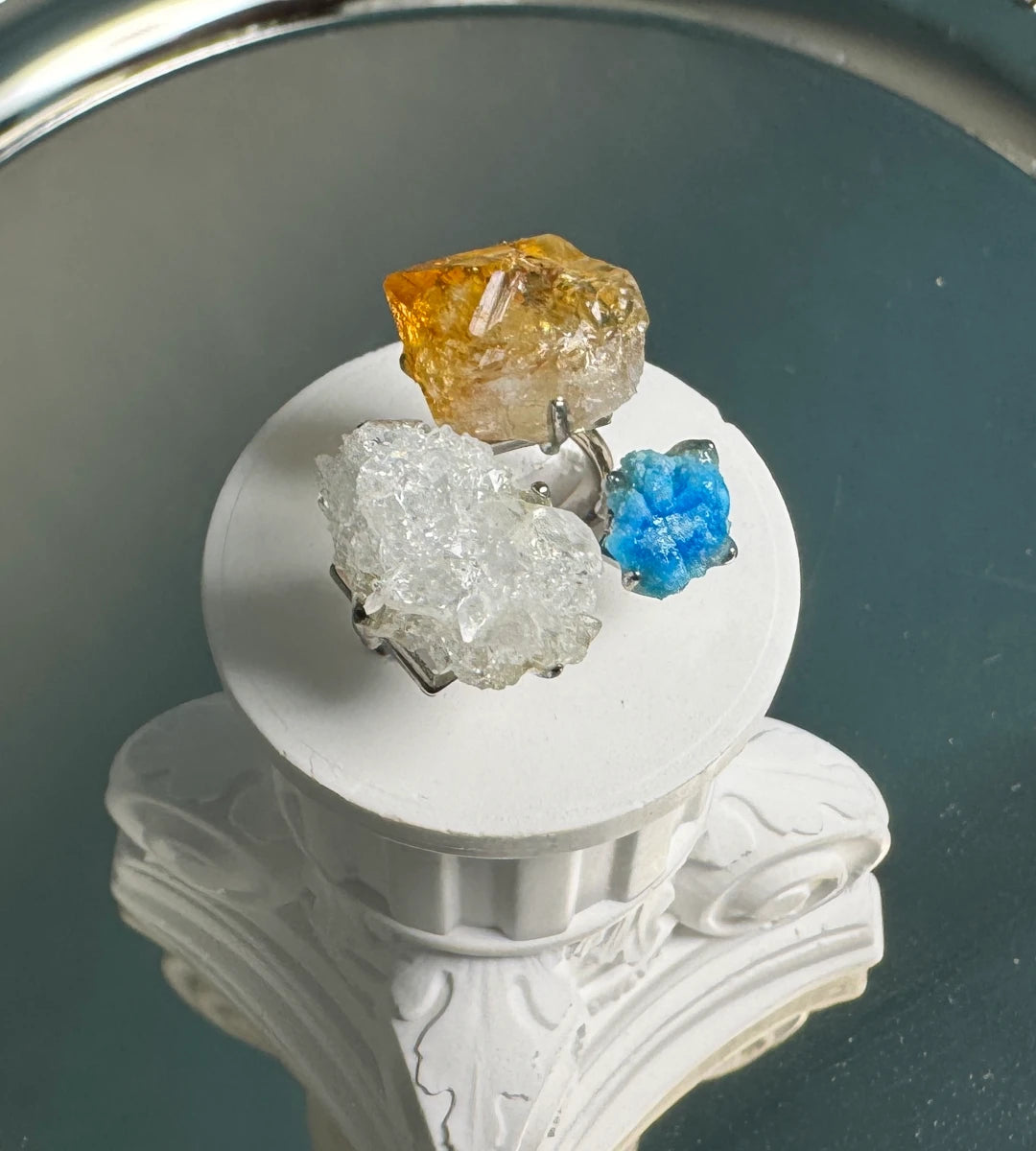Citrine, Hemimorphite & Clear Quartz Cluster One of a Kind Ring