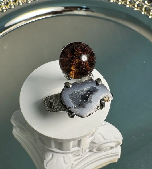 Mini Geode & Red Phantom Quartz One of a Kind Ring