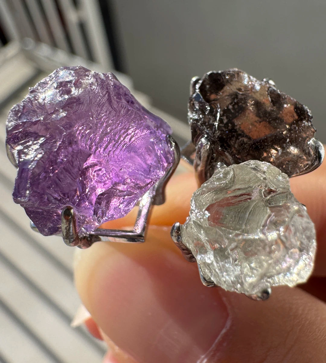 Amethyst, Smoky Quartz & Clear Quartz One of a Kind Ring