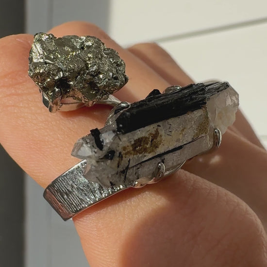 Raw Pyrite & Tourmaline in Quartz One of a Kind Ring