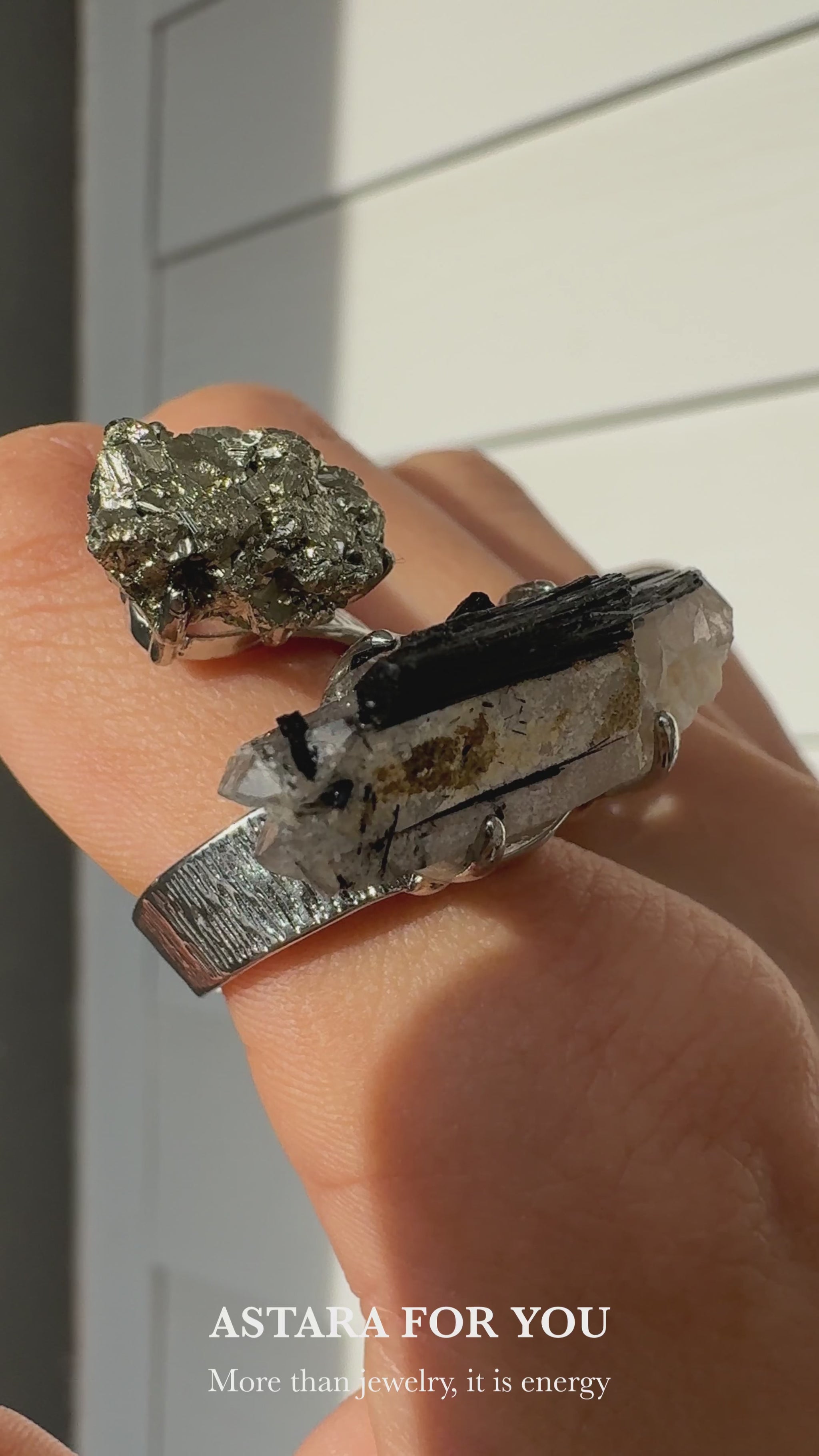 Raw Pyrite & Tourmaline in Quartz One of a Kind Ring