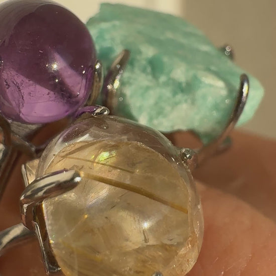 Amazonite, Golden Rutilated Quartz & Mini Amethyst Sphere One of a Kind Ring