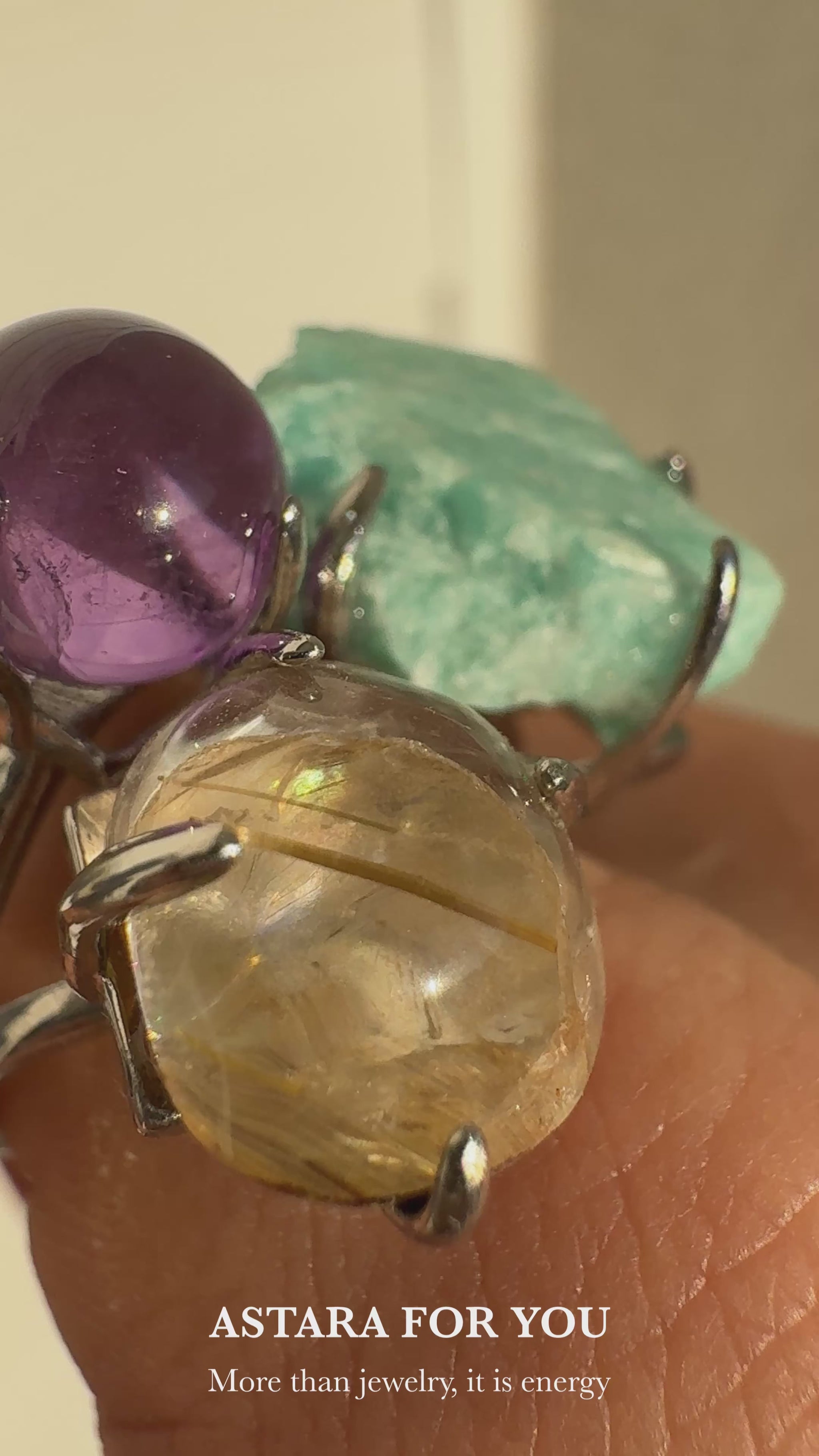 Amazonite, Golden Rutilated Quartz & Mini Amethyst Sphere One of a Kind Ring