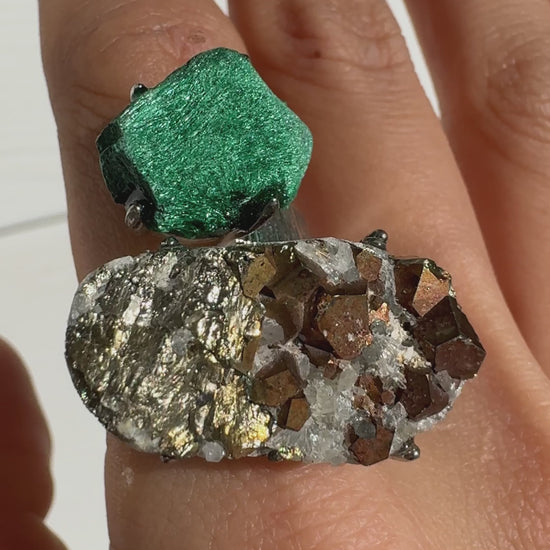 Malachite & Pyrite in Quartz One of a Kind Ring