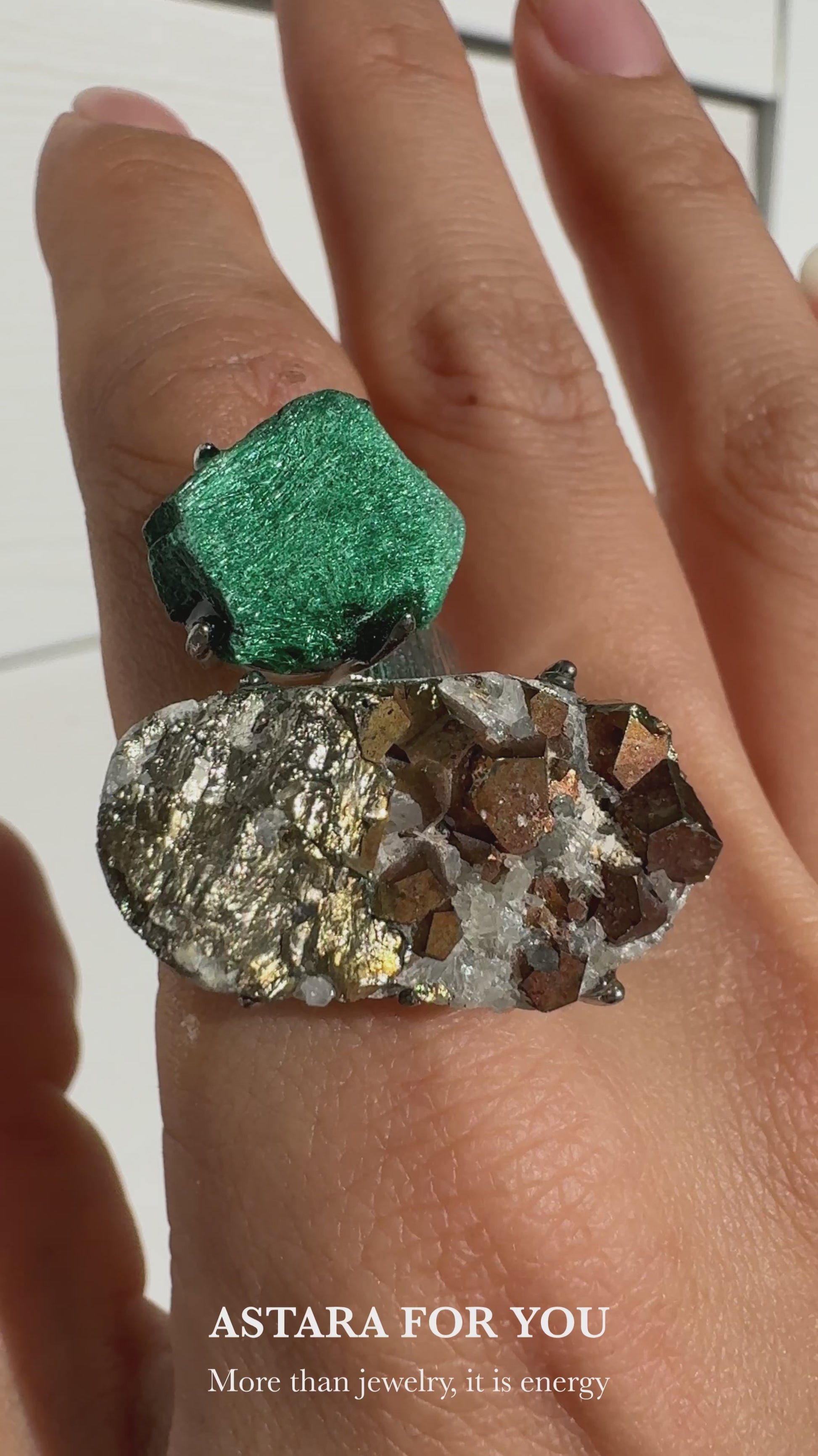 Malachite & Pyrite in Quartz One of a Kind Ring