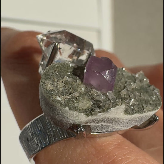 Herkimer Diamond & Fluorite with Chlorite One of a Kind Ring