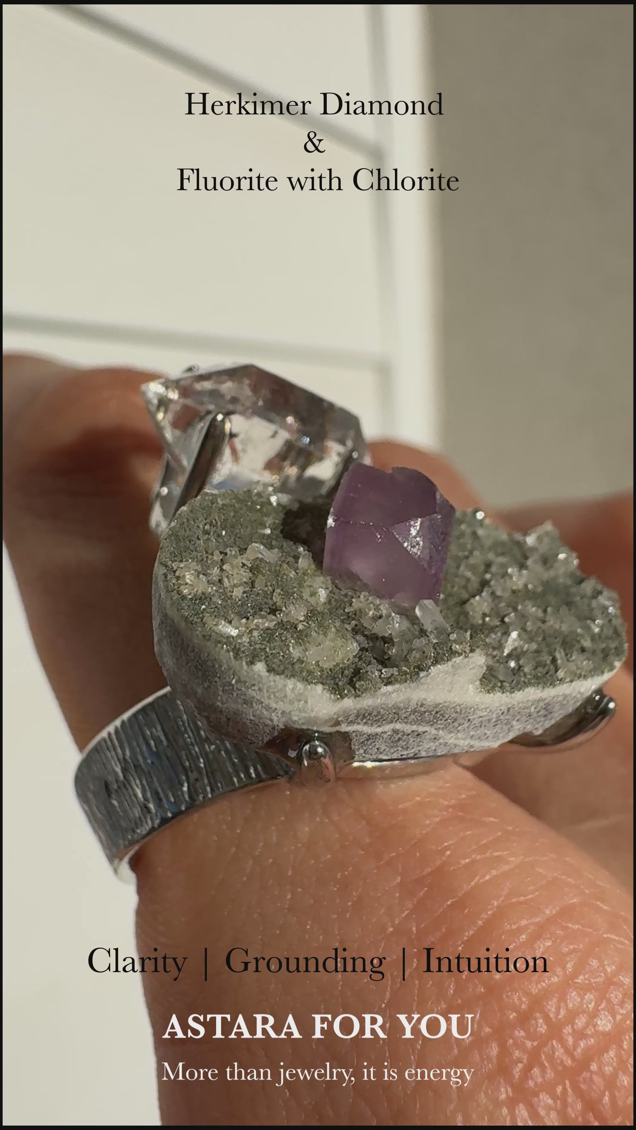 Herkimer Diamond & Fluorite with Chlorite One of a Kind Ring