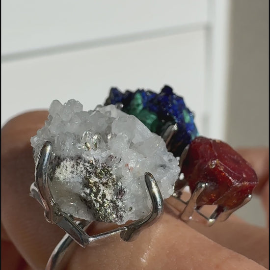 Azurite, Vanadinite & Quartz with Chalcopyrite One of a Kind Ring
