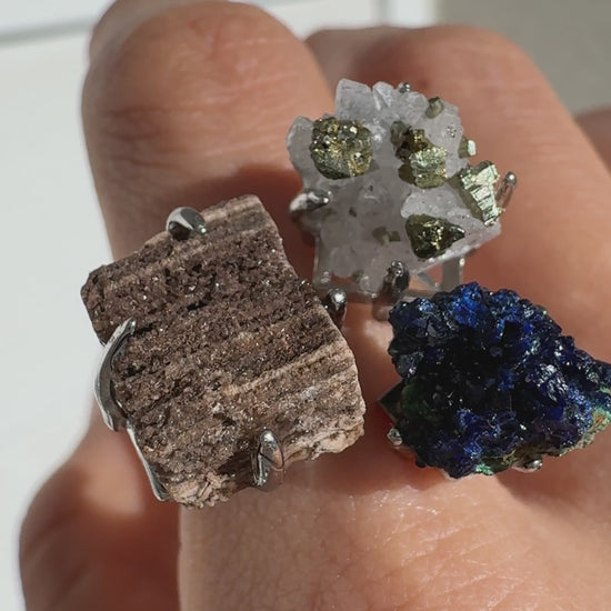 Petrified Wood, Azurite & Quartz with Chalcopyrite One of a Kind Ring
