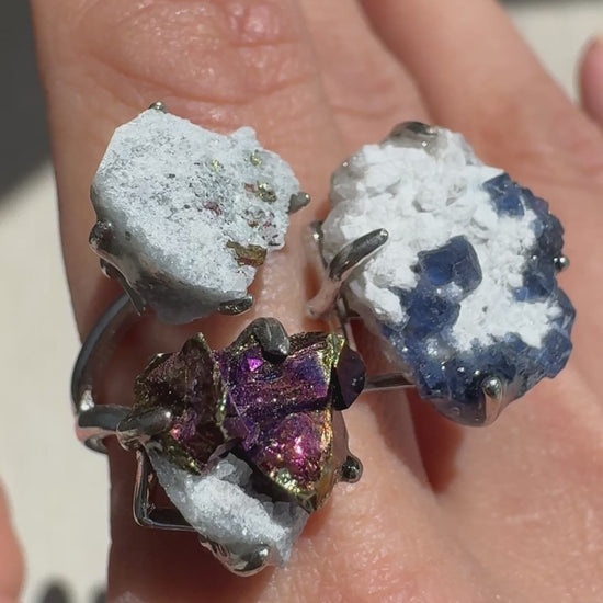 Blueberry Fluorite & Bornite with Quartz One of a Kind Ring