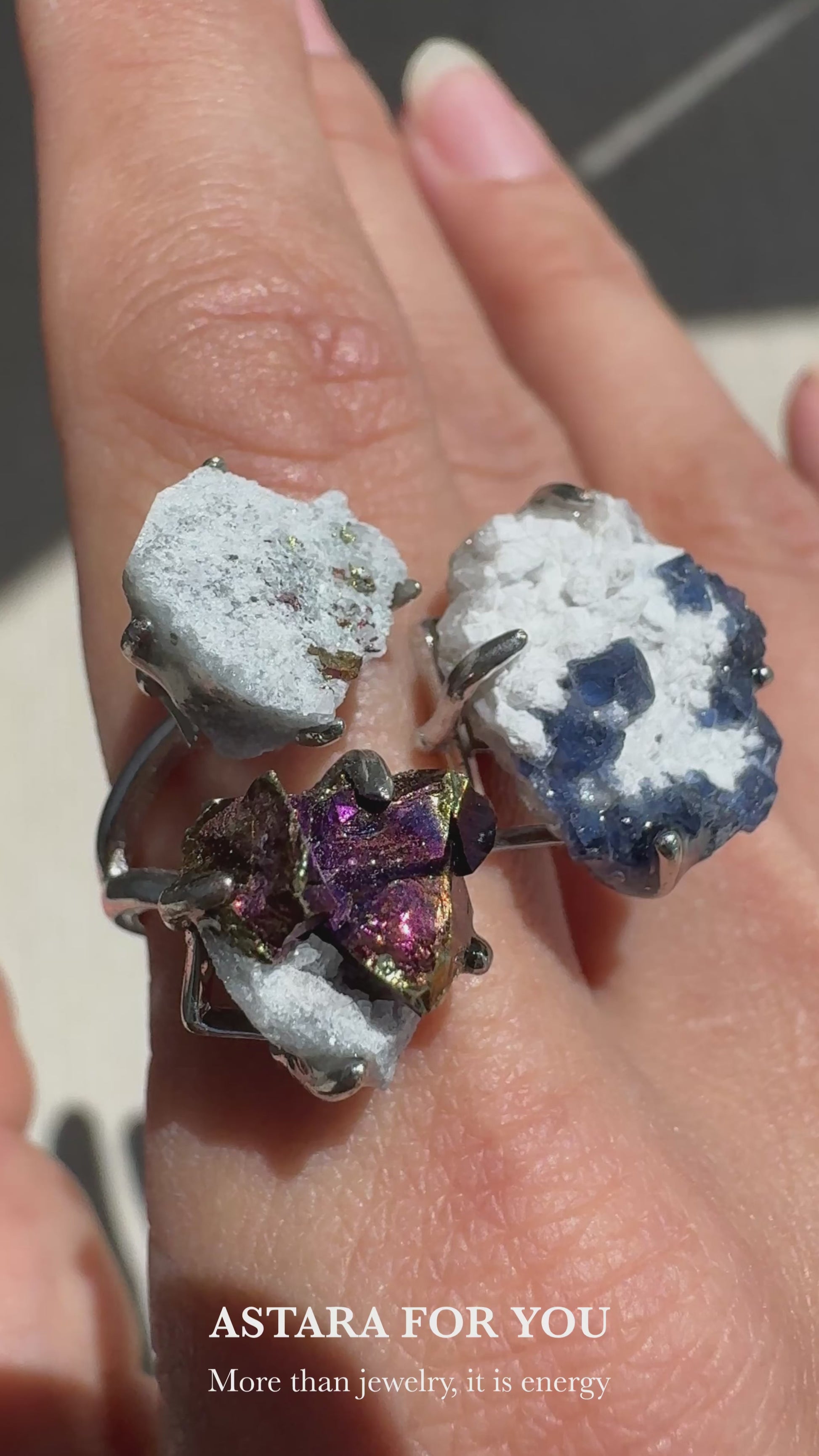 Blueberry Fluorite & Bornite with Quartz One of a Kind Ring
