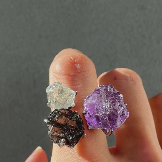 Amethyst, Smoky Quartz & Clear Quartz One of a Kind Ring