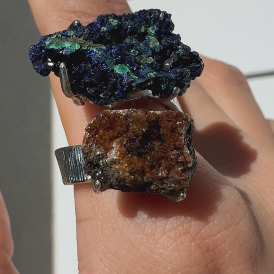 Raw Azurite–Malachite & Hematoid Quartz One of a Kind Ring