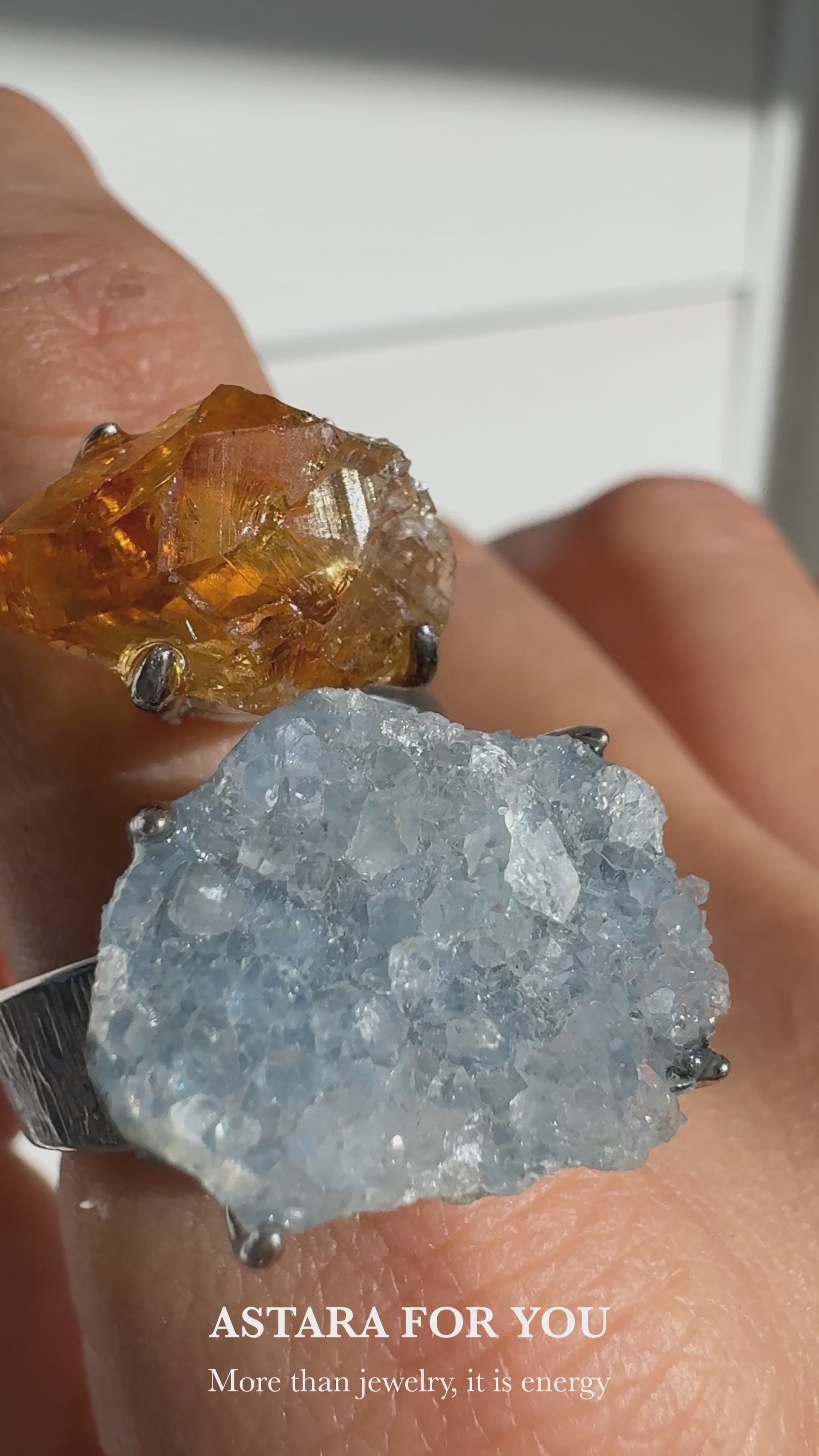 Citrine & Celestite Cluster Raw Crystal Ring – One of a Kind