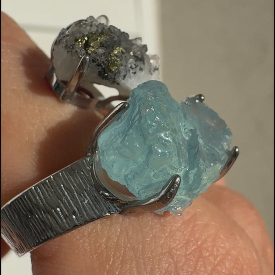Aquamarine & Quartz with Chalcopyrite One of a Kind Ring