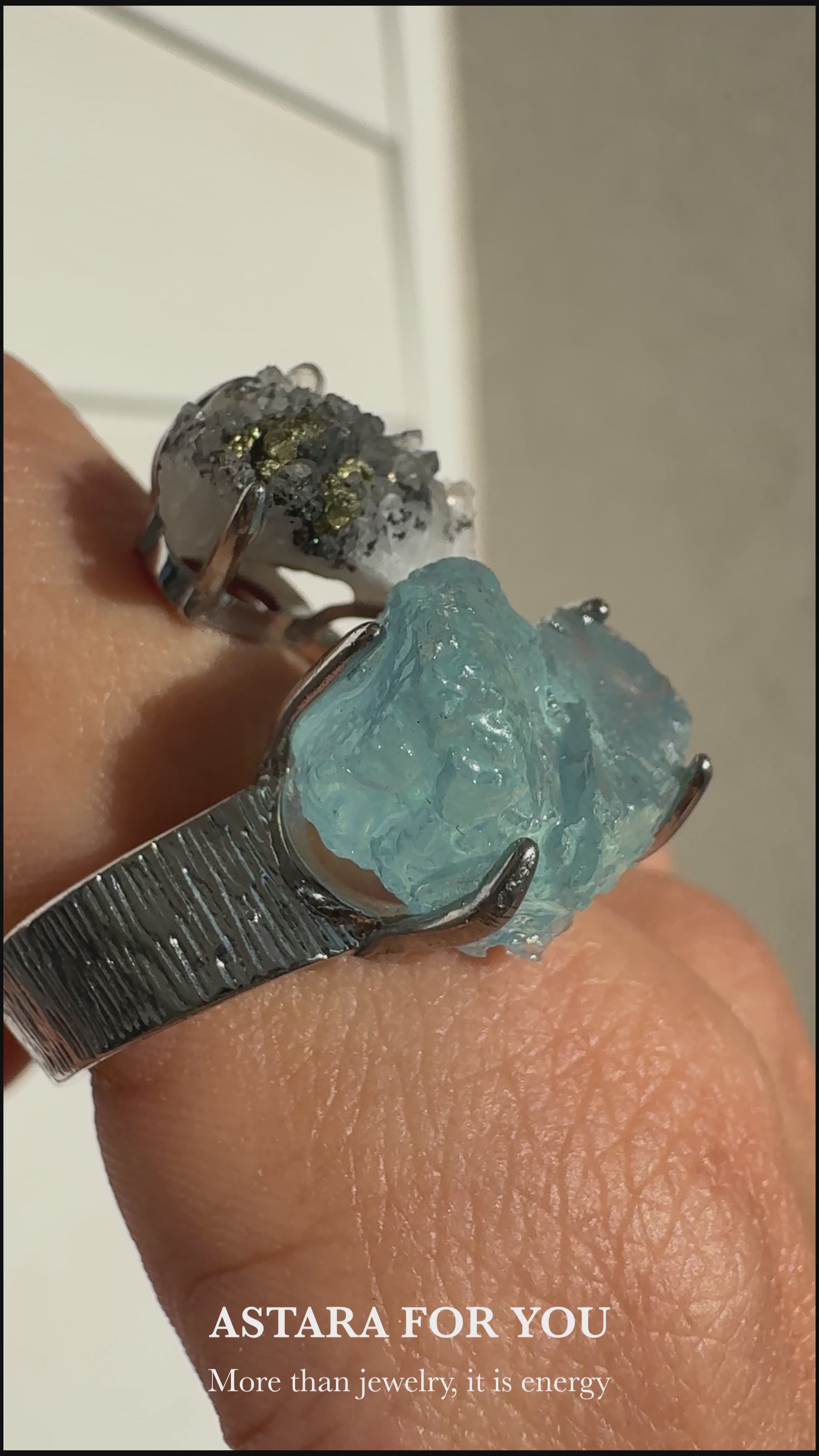 Aquamarine & Quartz with Chalcopyrite One of a Kind Ring