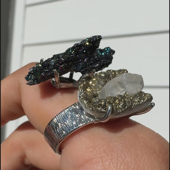 Raw Rainbow Hematite & Pyrite with Calcite One of a Kind Ring
