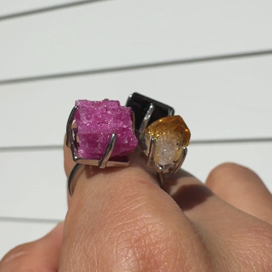 Raw Citrine, Black Tourmaline & Red Corundum One of a Kind Ring